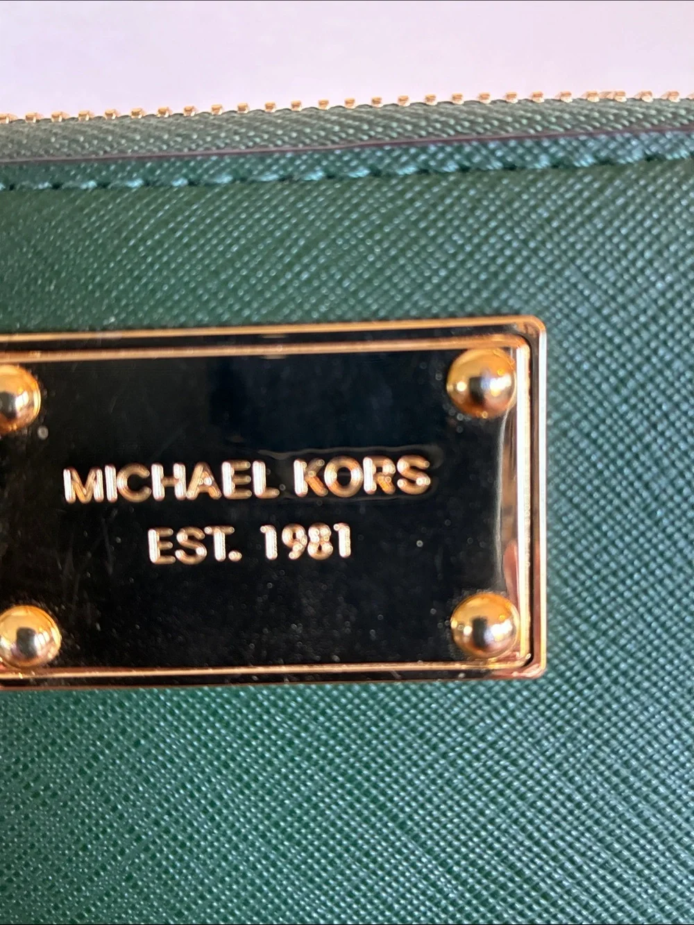 Michael Kors Forest Green Saffiano Zip-Around Wallet with Gold Plate